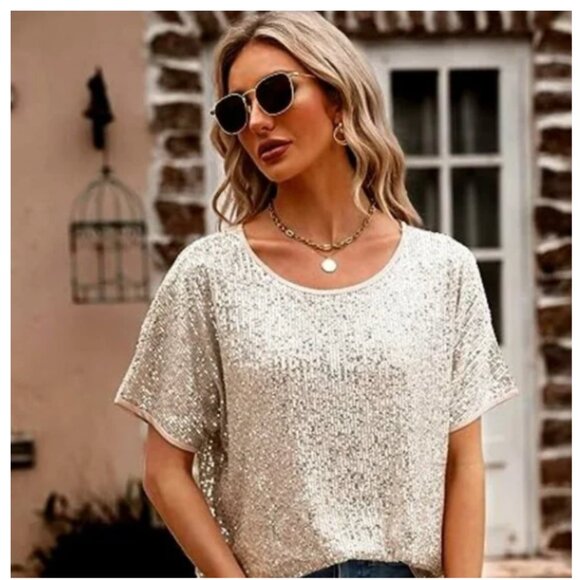 Sequin Tops Sparkly Glitter Blouse Sequined Short Sleeve Shirt Size L NWT - Picture 2 of 15